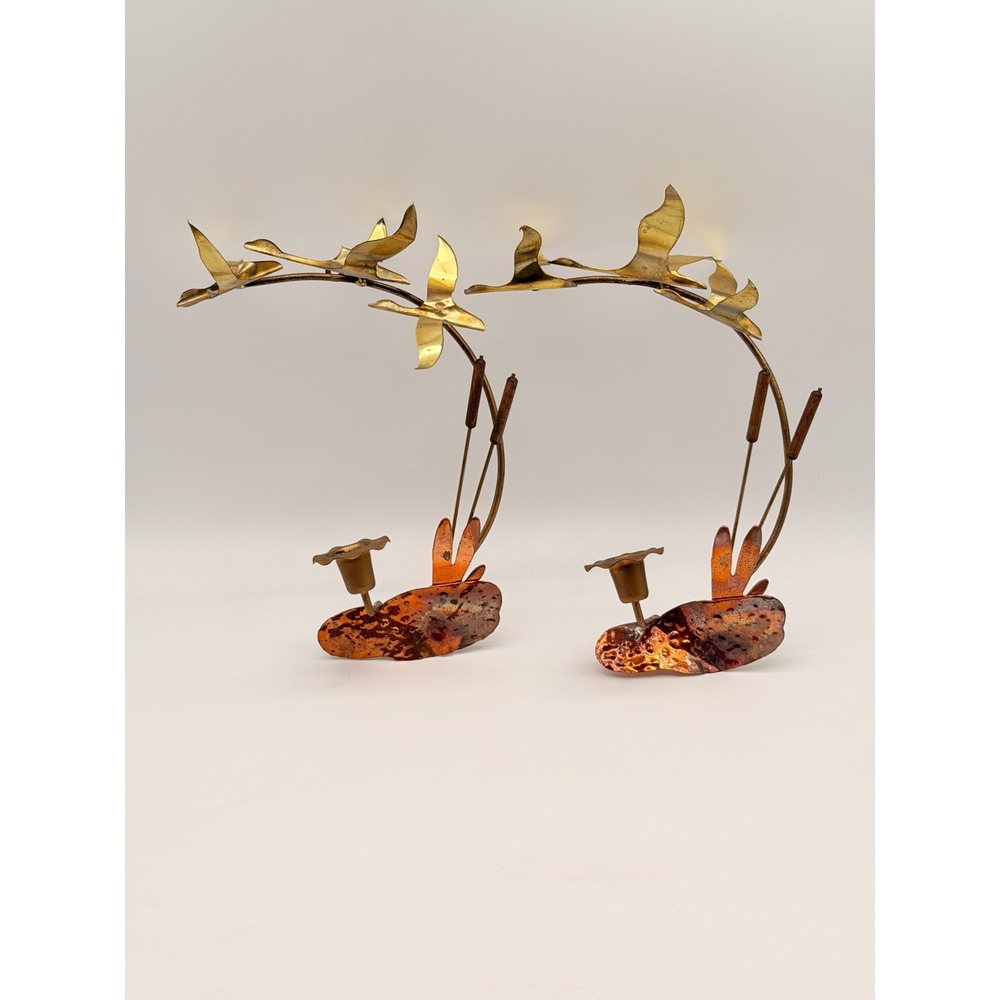 Vintage Brutalist Brass Copper Flying Geese Cattails Candle Holder Set Pair MCM